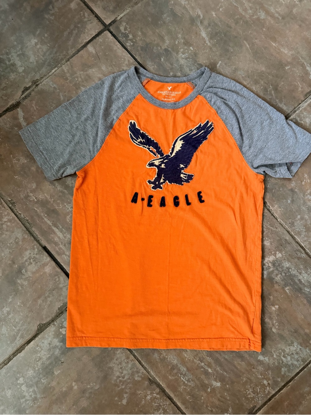 American Eagle Outfitters Orange Front-Logo Raglan Tee with Gray Sleeves